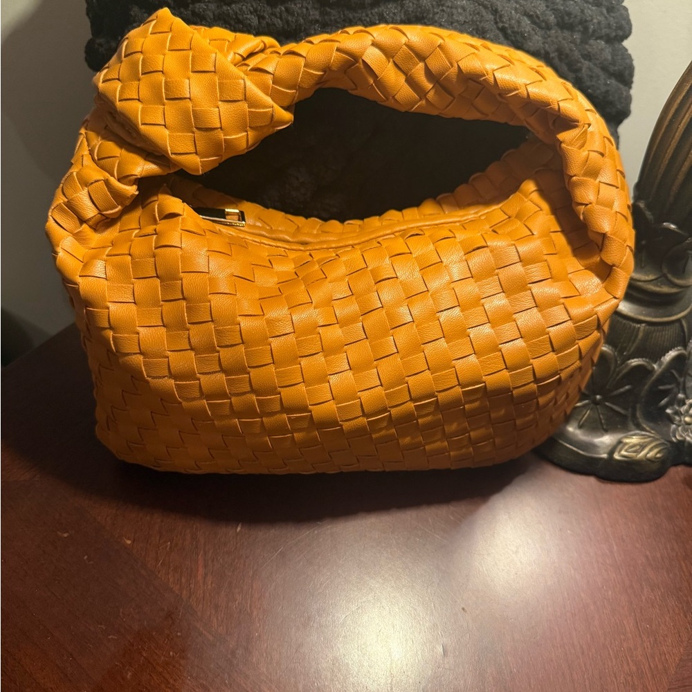 Small Woven Cognac Colored Handbag